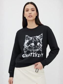 Outzidr - Black Graphic Printed Oversized Sweatshirt