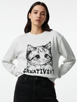 Outzidr - Off White Graphic Printed Oversized Sweatshirt