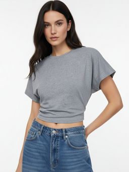 Outzidr - Grey Short Sleeve Fitted Crop Top