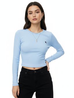 Outzidr - Light Blue Full Sleeve Round Neck Crop Top