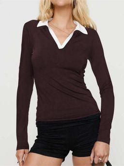 Outzidr - Brown Contrast Polo Collared Fitted Top