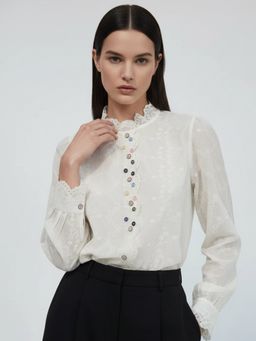 Outzidr - Off White Embroidered Ruffle Neckline Top