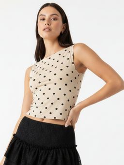 Outzidr - Beige Sleeveless Polka Dot Tank Top