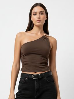 Outzidr - Brown One Shoulder Buckle Detail Crop Top