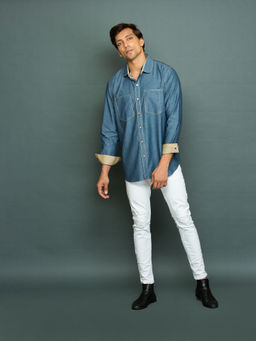 Echke - Light Denim Shirt with Khakhi Facing Twin Collar