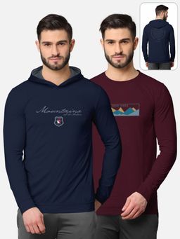 BULLMER - Printed Full Sleeve T-shirt For Men Navy Blue And Burgundy (Pack of 2)