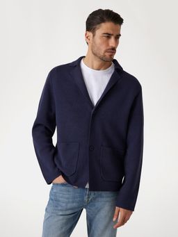 Guess - Navy Blue Solid Notch Collar Long Sleeves Jacket