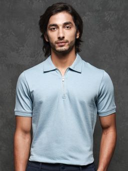 Rare Rabbit - Blue Premium Jacquard Zipper Polo T-Shirt