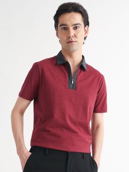 Rare Rabbit - Red Melange Polo T-Shirt with Contrast Collar