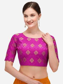 Amrutam Fab - Womens Jacquard Pink Stiched Blouse With Round Neck