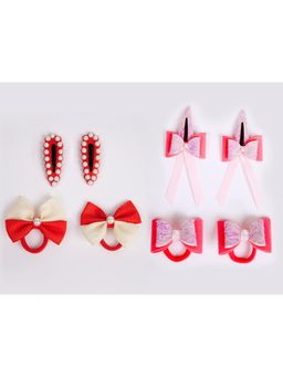 Ribbon Candy - Combo:2 Pairs Cute Pearl Embellished Tic-Tacs & 2 Pairs Dual Bow Rubber Bands-Multi3