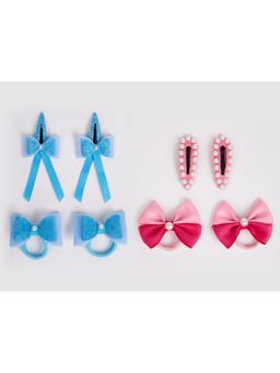 Ribbon Candy - Combo:2 Pairs Cute Pearl Embellished Tic-Tacs & 2 Pairs Dual Bow Rubber Bands-Multi4