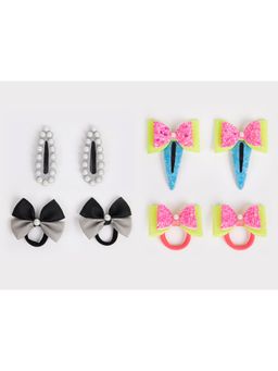 Ribbon Candy - Combo:2 Pairs Cute Pearl Embellished Tic-Tacs & 2 Pairs Dual Bow Rubber Bands-Multi7