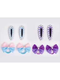 Ribbon Candy - Combo:2 Pairs Cute Pearl Embellished Tic-Tacs & 2 Pairs Dual Bow Rubberbands-Multi6
