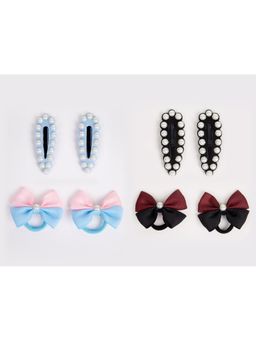 Ribbon Candy - Combo:2 Pairs Cute Pearl Embellished Tic-Tacs & 2 Pairs Dual Bow Rubberbands-Multi8