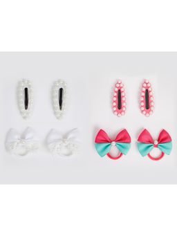 Ribbon Candy - Combo:2 Pairs Cute Pearl Embellished Tic-Tacs & 2 Pairs Dual Bow Rubberbands-Multi9