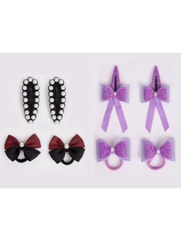Ribbon Candy - Combo:2 Pairs Cute Pearl Embellished Tic-Tacs & 2 Pairs Dual Bow Rubber Bands-Multi3