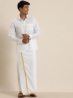 Vastramay - Mens White Cotton Ethnic Shirt with Mundu (Set of 2)