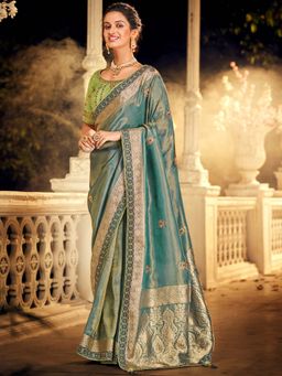 Odette - Teal Colour Viscose Dola Silk Saree Pair with Raw Silk with Unstitched Blouse