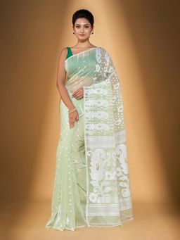 Beatitude - Green Cotton Silk Jacquard Jamdani Saree with Unstitched Blouse