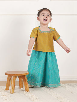 Fabindia - Mustard Cotton Silk Blend Hand Block Printed Choli with Lehenga