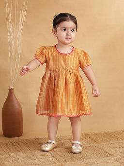 Fabindia - Orange Cotton Silk Blend Embroidered Dress