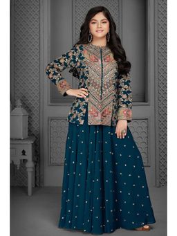 Lagorii - Teal Embroidered Jacket with Palazzo