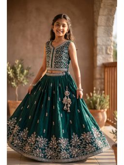 Lagorii - Teal Embroidered Lehenga with Choli & Dupatta