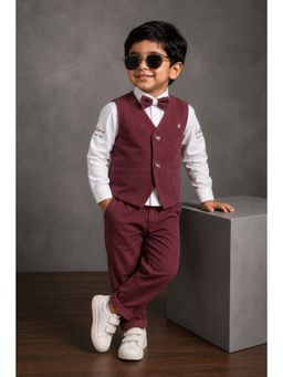 Lagorii - Boys Dusty Rose Solid Waistcoat with Shirt & Pant, Bow Tie
