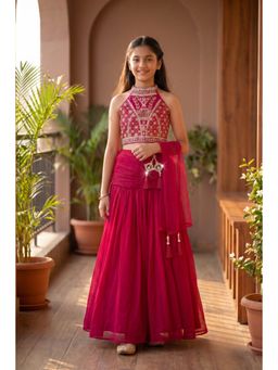Lagorii - Rani Pink Embroidered Choli with Lehenga & Dupatta