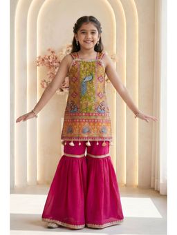 Lagorii - Rani Pink Peacock Embroidered Kurti with Flared Sharara