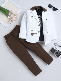 FOURFOLDS - Boys Brown Cotton Blend Flap Pockets Blazer & Trouser with T-shirt