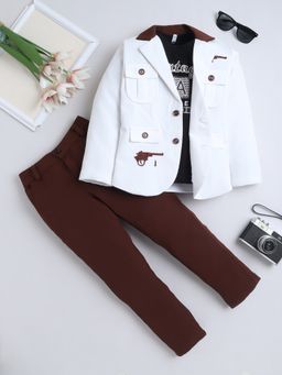 FOURFOLDS - Boys Dark Brown Cotton Blend Flap Pockets Blazer & Trouser with T-shirt