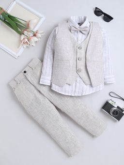 FOURFOLDS - Boys Beige Cotton Blend Geometric Woven Pattern 3 Piece Suit Set With Bowtie