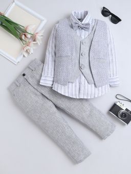 FOURFOLDS - Boys Grey Cotton Blend Geometric Woven Pattern 3 Piece Suit Set With Bowtie
