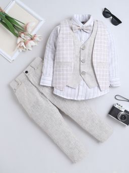 FOURFOLDS - Boys Beige Cotton Blend Geometric Woven Pattern 3 Piece Suit Set With Bowtie