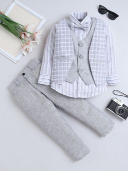 FOURFOLDS - Boys Grey Cotton Blend Geometric Woven Pattern 3 Piece Suit Set With Bowtie