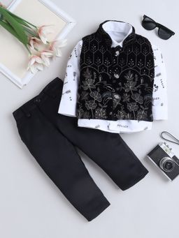 FOURFOLDS - Boys Black Velvet Floral Embroidered Sequined 3 Piece Suit Set