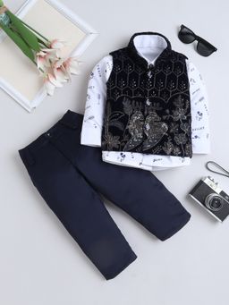 FOURFOLDS - Boys Navy Velvet Floral Embroidered Sequined 3 Piece Suit Set