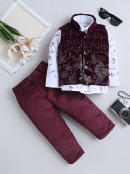 FOURFOLDS - Boys Wine Velvet Floral Embroidered Sequined 3 Piece Suit Set