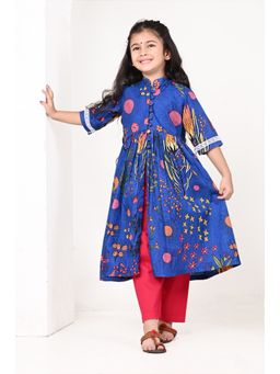 The Cotton Staple - Dart Blue Floral Print Anarkali with Pant