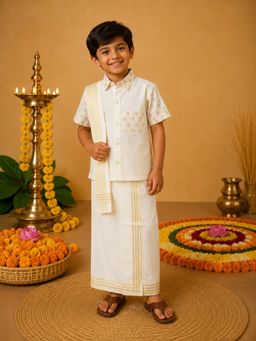 The Little Tales - Off White Foil Printed Shirt with Lungi and Patka