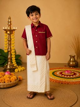 The Little Tales - Deep Red Foil Printed Shirt with Lungi and Patka