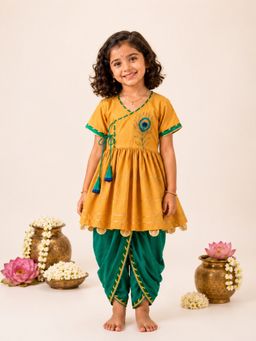 The Little Tales - Mustard Morpankh embroidered Kurta & Dhoti