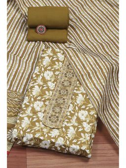 Biba - Womens Olive Cotton Printed Unstitched Top with Unstitched Top and Dupatta (Set of 3)