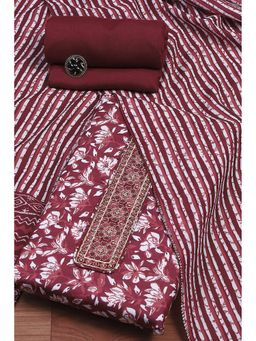 Biba - Womens Wine Cotton Printed Unstitched Top with Unstitched Top and Dupatta (Set of 3)