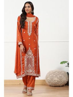 Biba - Womens Rust Organza Embroidered Unstitched Top with Unstitched Top and Dupatta (Set of 3)