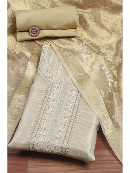 Biba - Womens Beige Cotton Embroidered Unstitched Top with Unstitched Top and Dupatta (Set of 3)