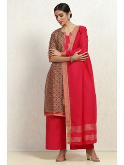 Biba - Womens Beige Cotton Unstitched Top with Unstitched Top and Dupatta (Set of 3)