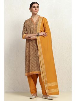 Biba - Womens Mustard Cotton Unstitched Top with Unstitched Top and Dupatta (Set of 3)